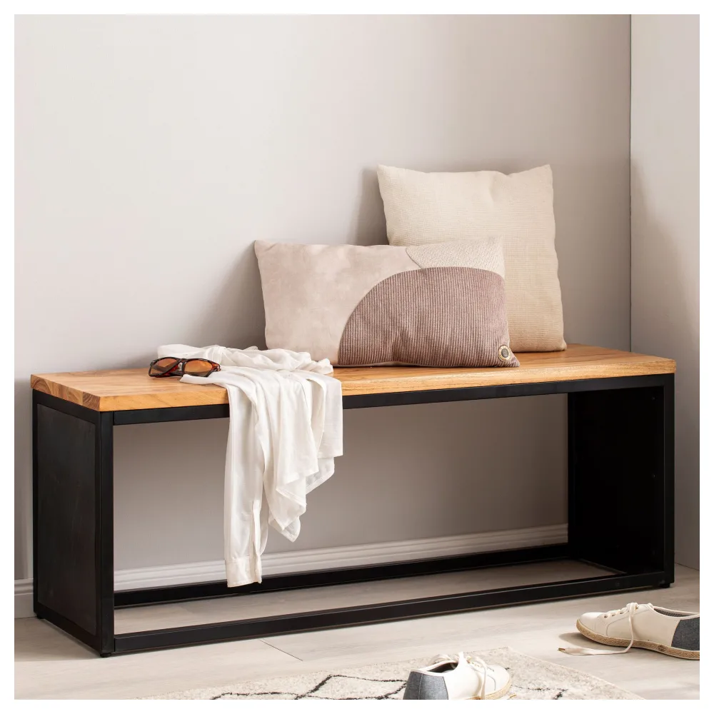 FineBuy Massivholz Sitzbank 120 cm Akazie - Bank für Garderobe Schlafzimmer & Wohnzimmer - Design Garderobenbank Eingangsbereich - Bettbank - Handmade
