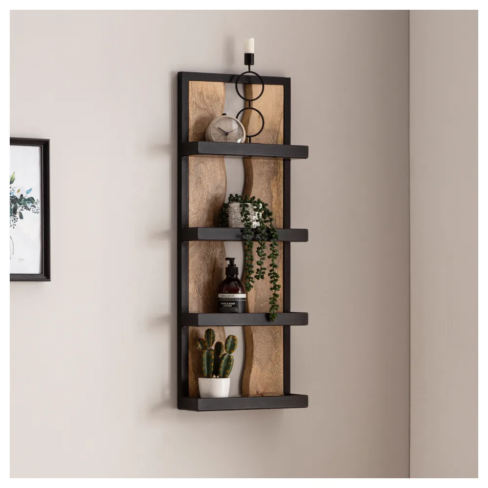 FineBuy Wandregal 30x80x10 cm Mango Massivholz / Metall Hängeregal Industrial, Design Schweberegal Rechteckig, Regal Hängend Wohnzimmer, Holzregal Wand mit 4 Ablagen & Wellenmuster