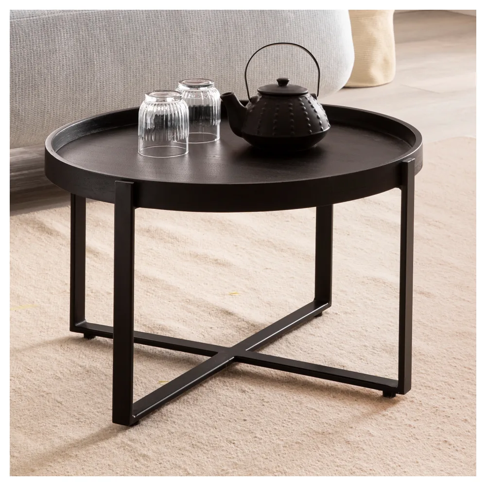 FineBuy Couchtisch Mango Massivholz rund Ø 60 cm Schwarz · Wohnzimmertisch mit Metallgestell · Handgefertigter Sofatisch im Industrial Japandi Design