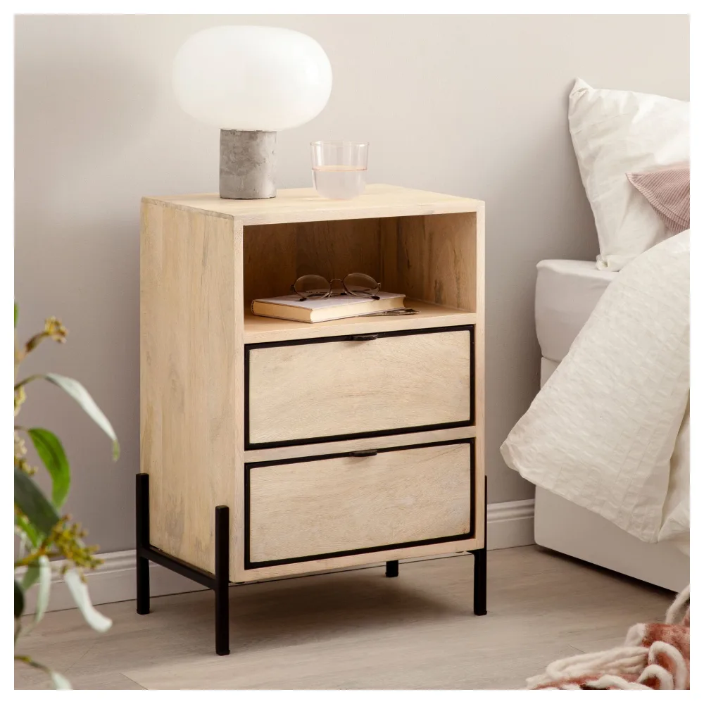 FineBuy Nachttisch aus Mango Whitewash Massivholz mit Ablage & 2 Schubladen – Nachtkonsole im Industrial Natur Design für Boxspringbetten, Nachtschrank mit Stauraum – Nachtkästchen 43x60x30 cm