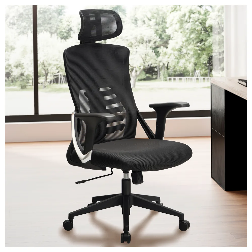 FineBuy Bürostuhl Schwarz Mesh-Bezug Schreibtischstuhl bis 120 kg mit Kopfstütze, Drehstuhl höhenverstellbar mit Lendenwirbelstütze, Stoff-Schreibtischsessel ergonomisch mit Wippfunktion