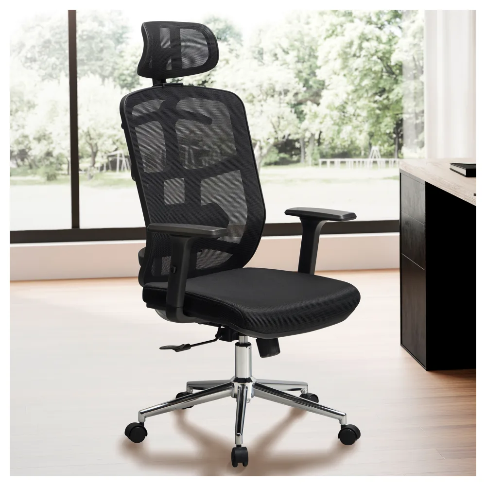 FineBuy Bürostuhl Schwarz Mesh-Bezug Schreibtischstuhl bis 120 kg mit Kopfstütze, Drehstuhl höhenverstellbar mit Lendenwirbelstütze, Stoff-Schreibtischsessel ergonomisch mit Wippfunktion