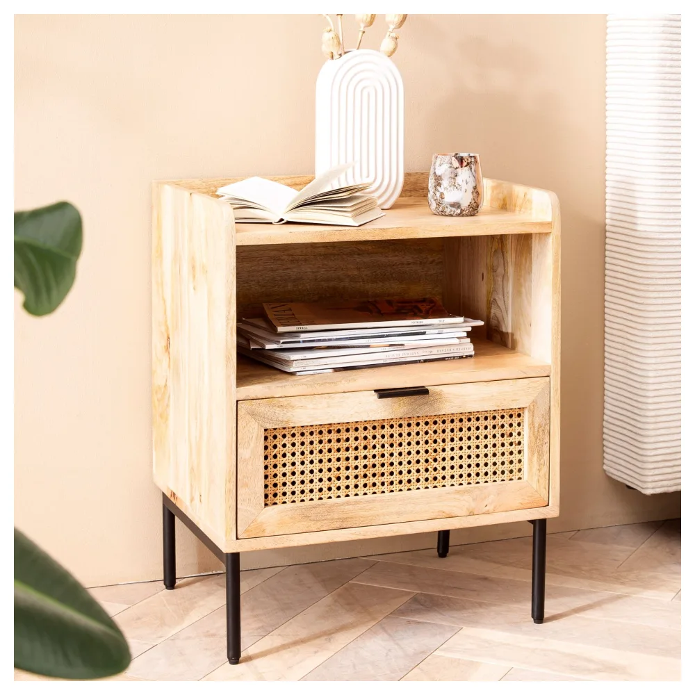 FineBuy Nachtkonsole Mango Massivholz Rattan – Nachttisch im Boho Natur Design mit Schublade & offener Ablage, Nachtkästchen ideal für Boxspringbetten – Wiener Geflecht 50x60x40 cm
