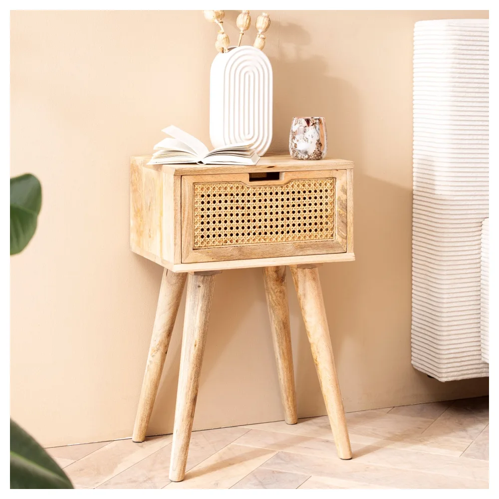 FineBuy Nachtkonsole Mango Massivholz mit Rattan & Schublade – Nachttisch im Boho & Natur Design, stabiles Nachtkästchen für Boxspringbett, handgefertigt Wiener Geflecht – 40x60x30 cm