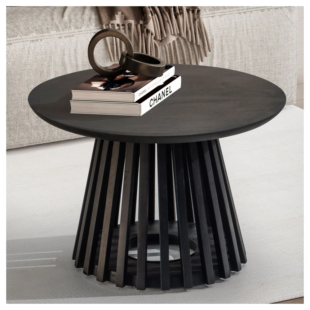FineBuy Couchtisch Mango Massivholz rund Ø 60 cm Schwarz · Moderner Wohnzimmertisch mit offenem Gittergestell · Handgefertigter Sofatisch im Fächer Japandi Design aus Echtholz