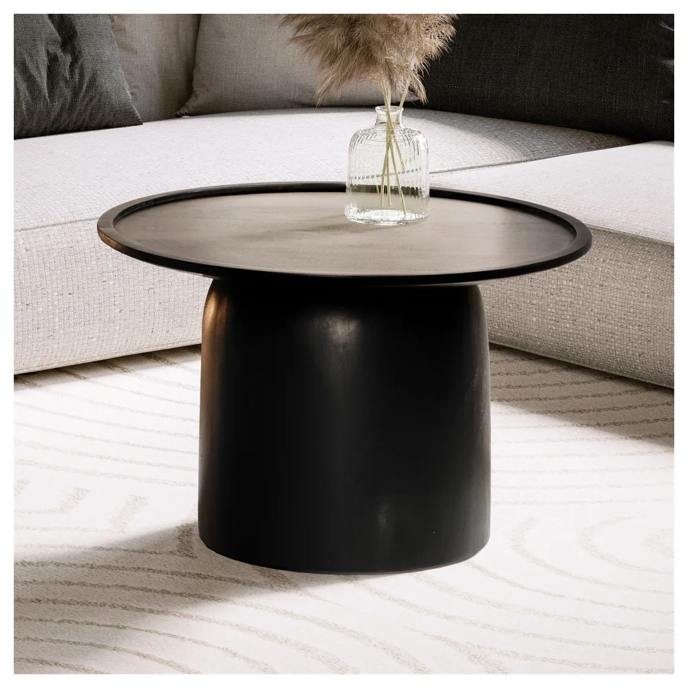 FineBuy Couchtisch Mango Massivholz rund Ø 60 cm · Schwarzer Wohnzimmertisch im modernen Design · Handgefertigter Sofatisch mit Tonnen Fuß