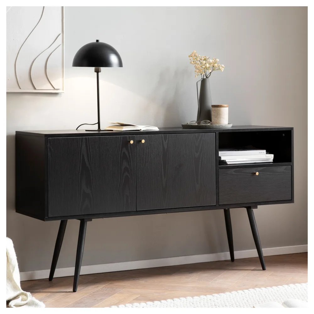 FineBuy Sideboard 140x75x40 cm Kommode Schwarz mit Eiche-Dekor Zeitlos, Hoher Kommodenschrank, Standschrank Wohnzimmer mit 2 Türen und Schublade, Anrichte mit offenem Fach