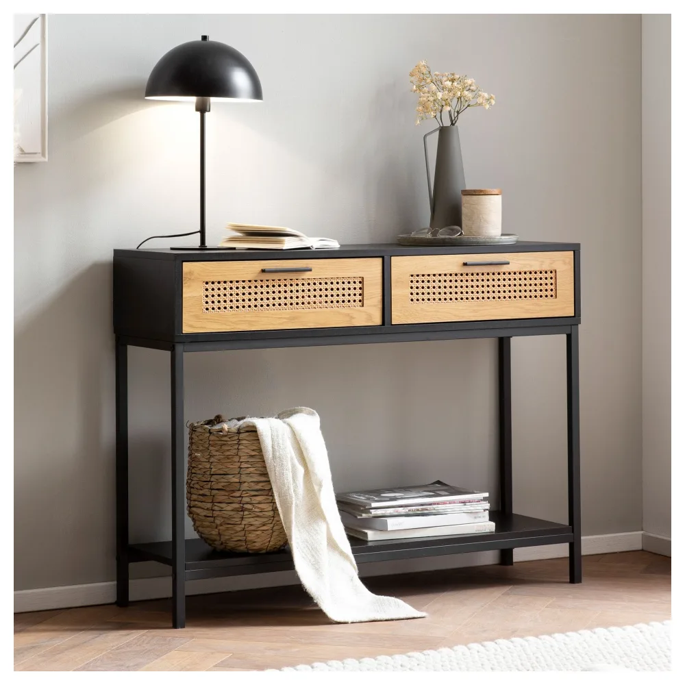 FineBuy Konsolentisch Schwarz 100x30x75 cm Design Anrichte Flur, Ablagetisch Schmal mit Wiener Geflecht, Flurtisch mit Schubladen und Ablage, Dielentisch Lang Hoch Rattan