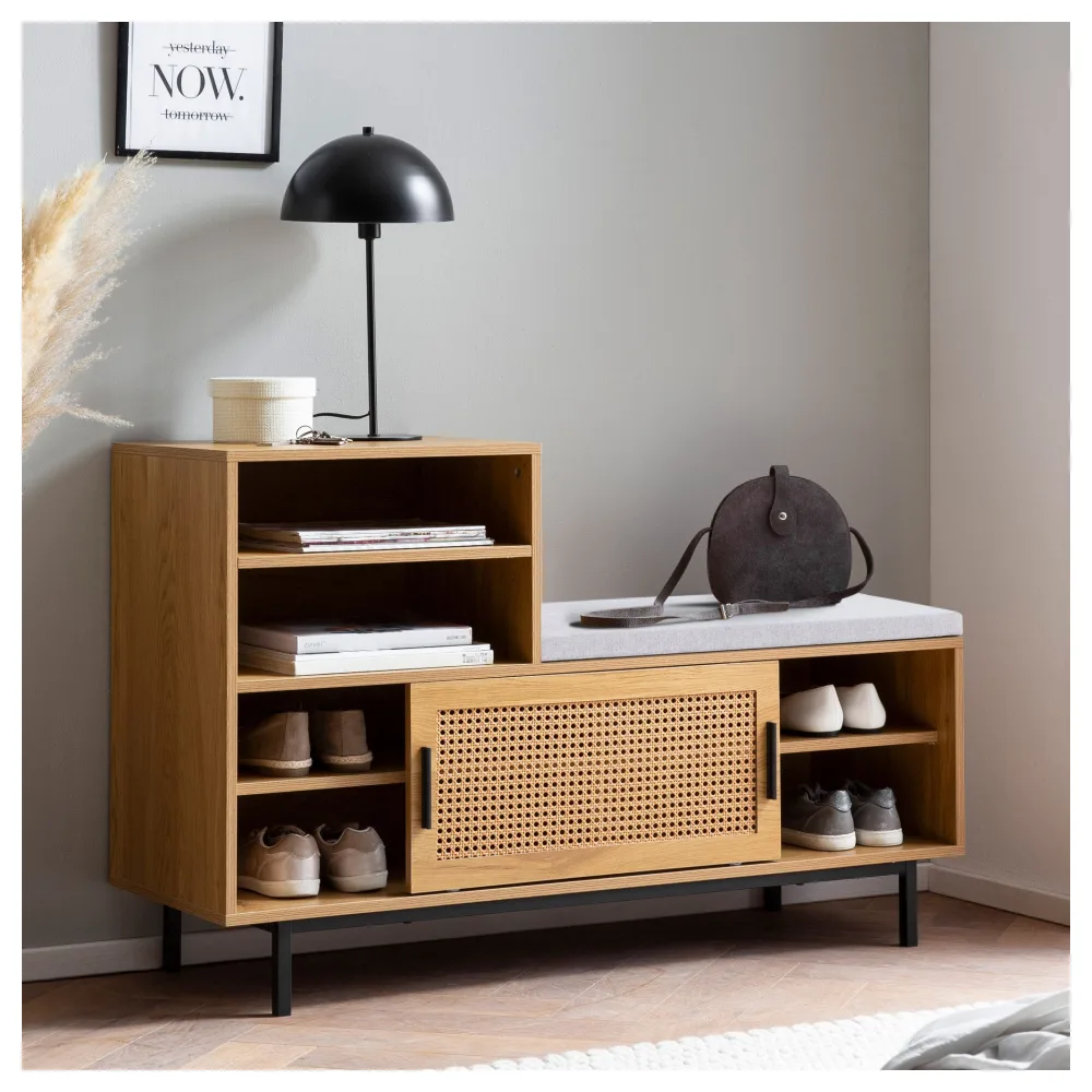 FineBuy Schuhbank mit Sitzfläche 120x75,5x40 cm Garderobenbank Eiche-Dekor, Sitzbank Rattan Klein Gepolstert, Bank Schmal Flur mit Stauraum, Flurbank Wiener Geflecht, Flurmöbel mit Schiebetür