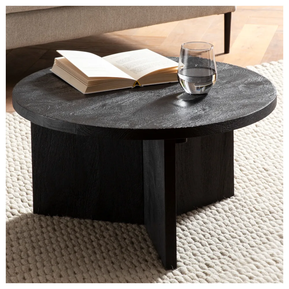 FineBuy Couchtisch Mango Massivholz rund Ø 60 cm Schwarz · Moderner Wohnzimmertisch mit strukturierter Oberfläche · Handgefertigter Sofatisch mit markantem Holzgestell