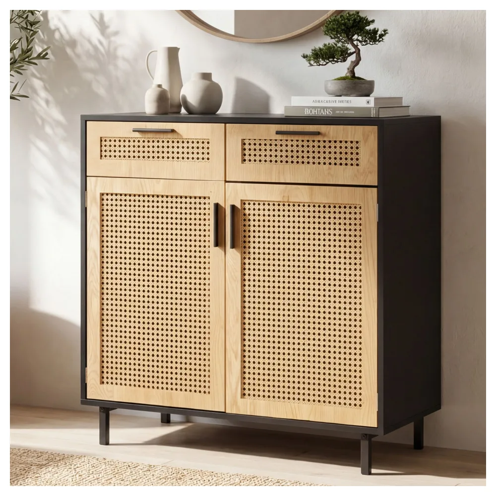 FineBuy Sideboard 80x86,5x40 cm Kommode Schwarz mit Wiener Geflecht, Hoher Kommodenschrank Zeitlos, Standschrank Wohnzimmer mit 2 Türen und Schubladen, Anrichte Rattan