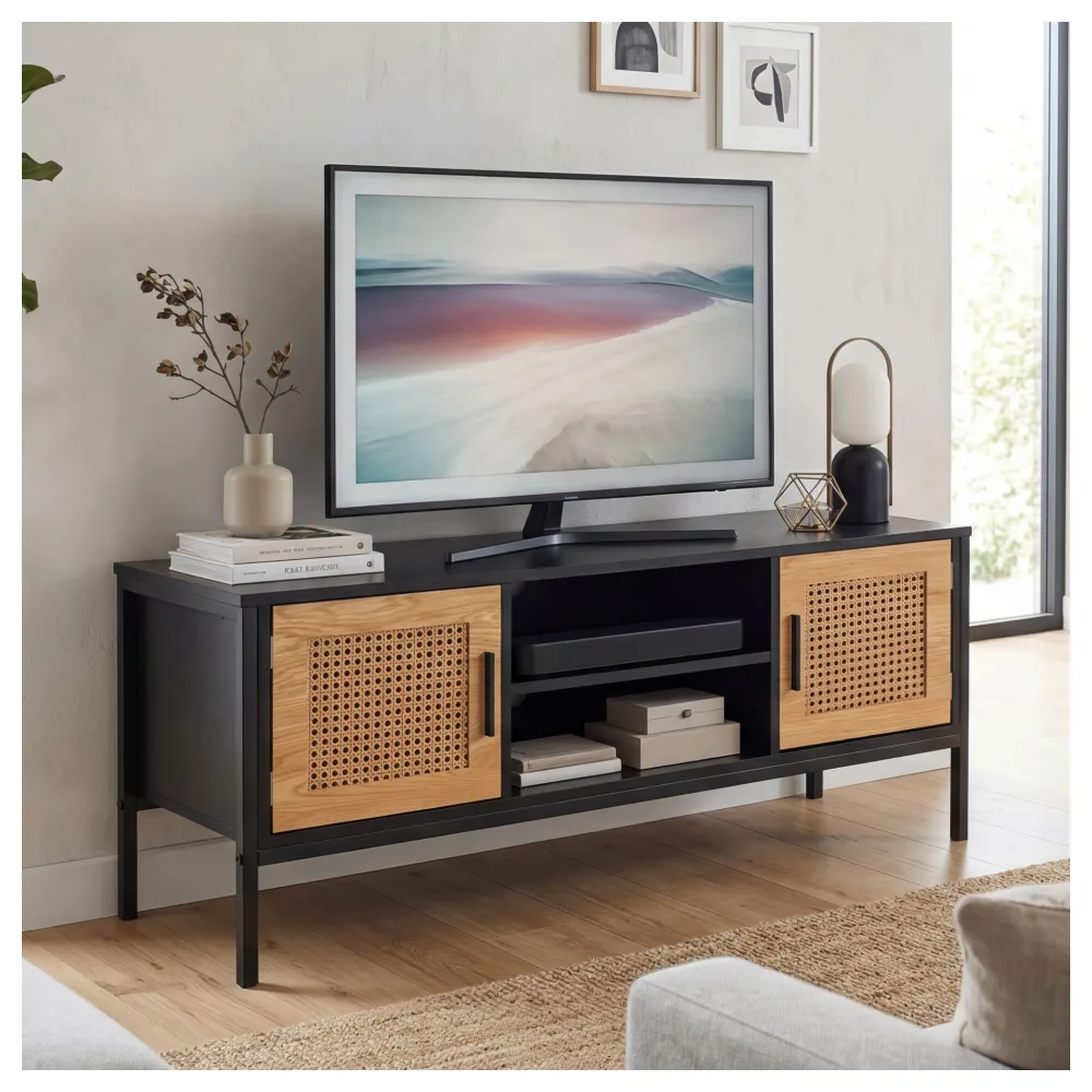 FineBuy Lowboard Schwarz / Eiche mit Wiener Geflecht 110x48x40 cm TV-Kommode Zeitlos, Design TV-Schrank Hoch, Fernsehtisch Fernsehschrank mit Türen, Fernsehkommode Wohnzimmer Rattan