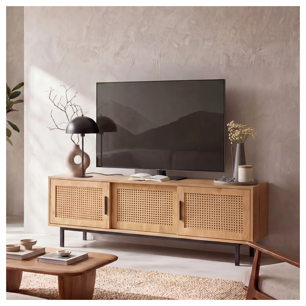 FineBuy Lowboard Eiche-Dekor mit Wiener Geflecht 120x45,5x40 cm TV-Kommode Zeitlos mit Schiebe-Türen, Design TV-Schrank Hoch, Fernsehtisch Fernsehschrank, Fernsehkommode Wohnzimmer Rattan
