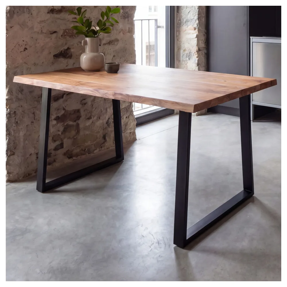 FineBuy Esszimmertisch 120cm rechteckig Massivholz Akazie Baumkante - Industrial Esstisch Baumstamm Massiv Echtholz - Küchentisch - Baumkantentisch mit schwarzem Kufengestell