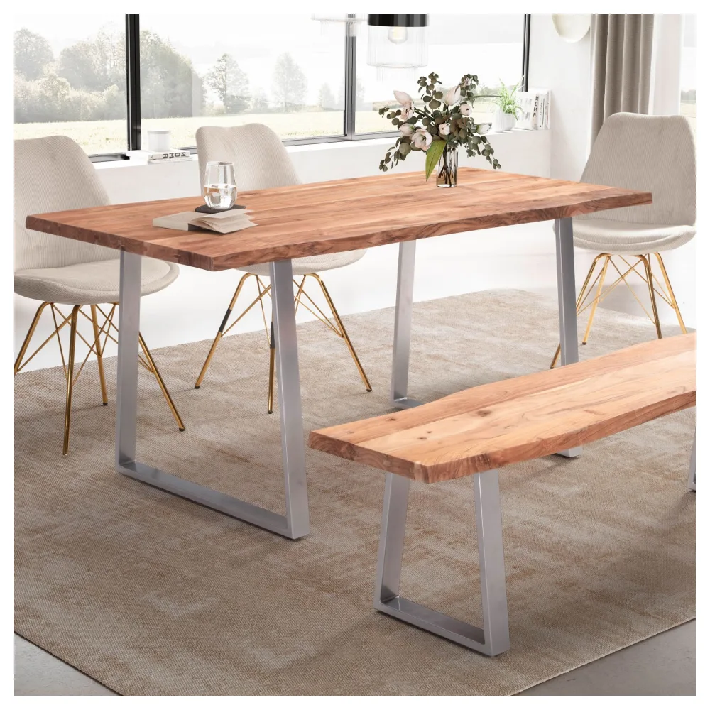 FineBuy Esszimmertisch 120cm rechteckig Massivholz Akazie Baumkante - Industrial Esstisch Baumstamm Massiv Echtholz - Küchentisch - Baumkantentisch mit silbernem Kufengestell