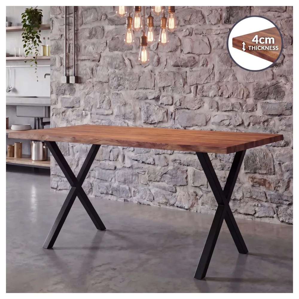 FineBuy Esszimmertisch 120 x 60cm rechteckig Massivholz Akazie 4cm Baumkante - Industrial Esstisch Baumstamm Massiv Echtholz - Küchentisch - Baumkantentisch mit schwarzem X-Gestell