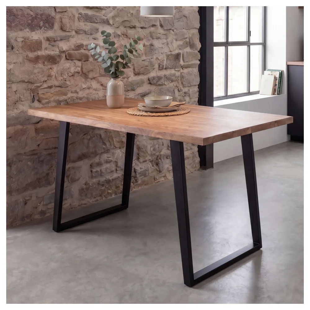 FineBuy Esszimmertisch 120x60x76 cm Akazie Massivholz / Metall Esstisch Baumkante, Küchentisch Massiv mit U-Beinen in Schwarz, Holztisch Speisetisch Esszimmer Rechteckig