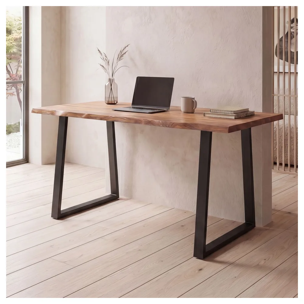 FineBuy Schreibtisch 120x60x76 cm Akazie Massivholz / Metall Computertisch Baumkante, Homeoffice Bürotisch Massiv mit Trapezbeinen in Schwarz, Holztisch Laptoptisch Arbeitszimmer