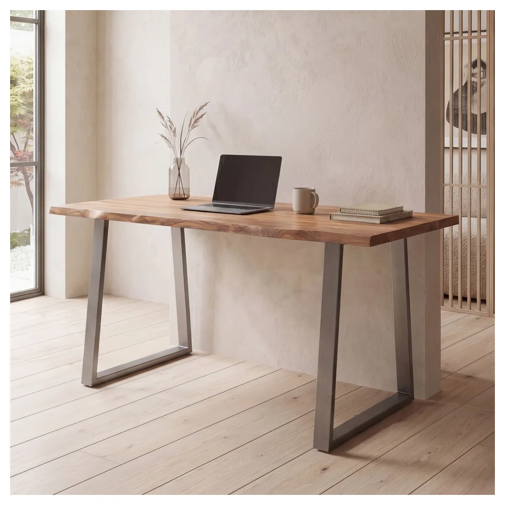 FineBuy Schreibtisch 120x60x76 cm Akazie Massivholz / Metall Computertisch Baumkante, Homeoffice Bürotisch Massiv mit Trapezbeinen in Chrom, Holztisch Laptoptisch Arbeitszimmer