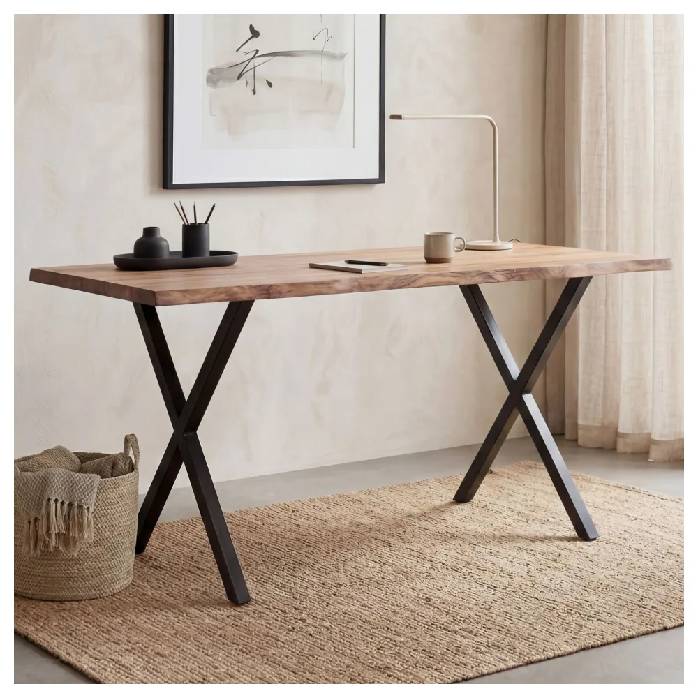 FineBuy Schreibtisch 120x60x76 cm Akazie Massivholz / Metall Computertisch Baumkante, Homeoffice Bürotisch Massiv mit X-Beinen in Schwarz, Holztisch Laptoptisch Arbeitszimmer