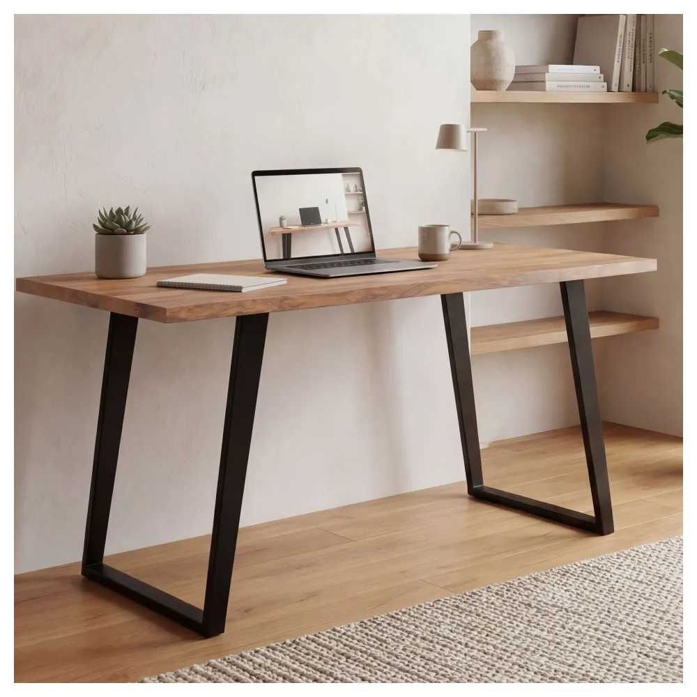 FineBuy Schreibtisch 120x60x76 cm Akazie Massivholz / Metall Computertisch Baumkante, Homeoffice Bürotisch Massiv mit U-Beinen in Schwarz, Holztisch Laptoptisch Arbeitszimmer