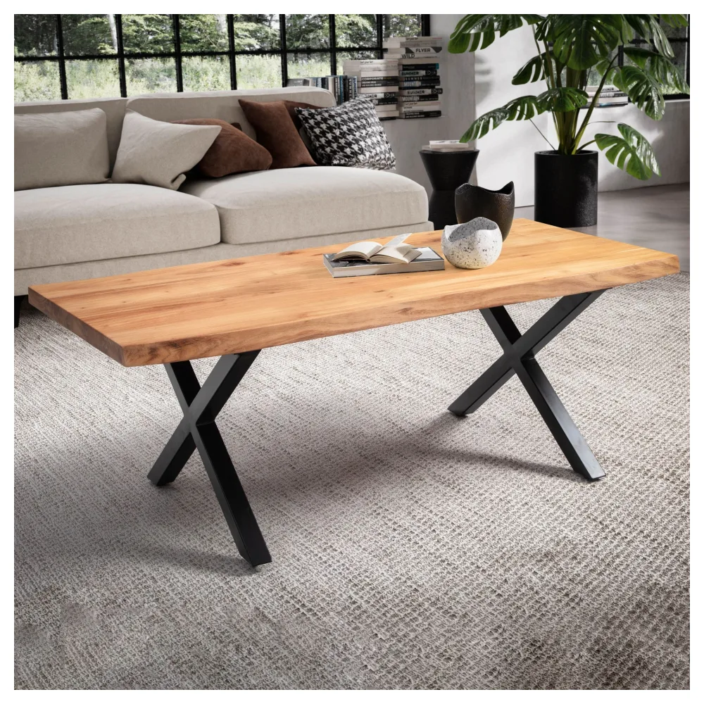 FineBuy Couchtisch Akazie Massivholz 120 cm rechteckig · Wohnzimmertisch mit natürlicher Baumkante und schwarzem X-Gestell aus Metall · Handgefertigter Industrial Tisch
