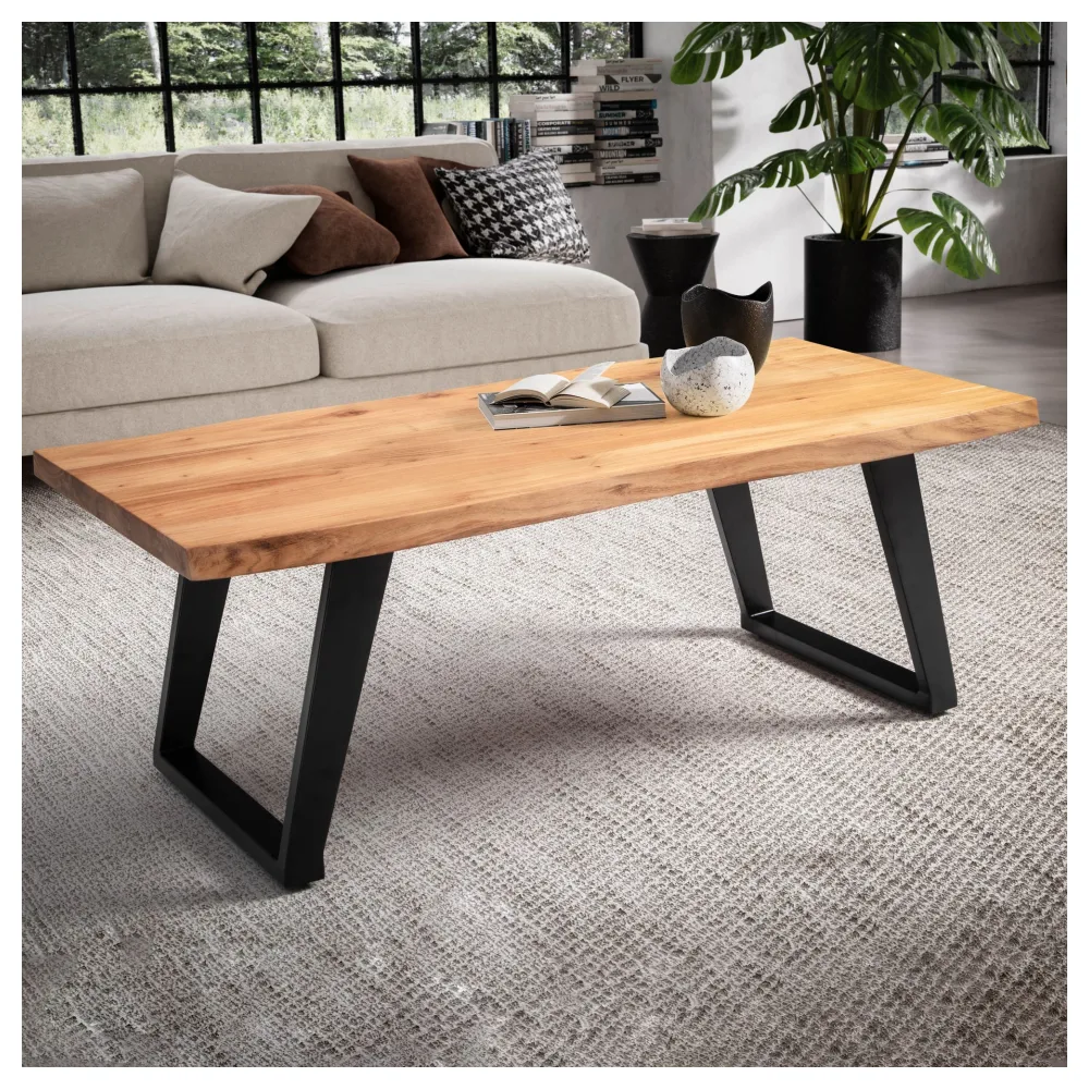 FineBuy Couchtisch 120x60x46 cm Akazie Massivholz / Metall Baumkante, Design Wohnzimmertisch Rechteckig, Sofatisch Stubentisch Braun, Kaffeetisch mit schwarzen Beinen in U-Form