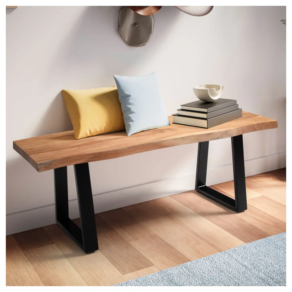 FineBuy Sitzbank 120 cm Massivholz ohne Lehne Baumkante Akazie - Bank für Garderobe - Garderobenbank - Flurbank Holzbank Handmade Gestell Schwarz