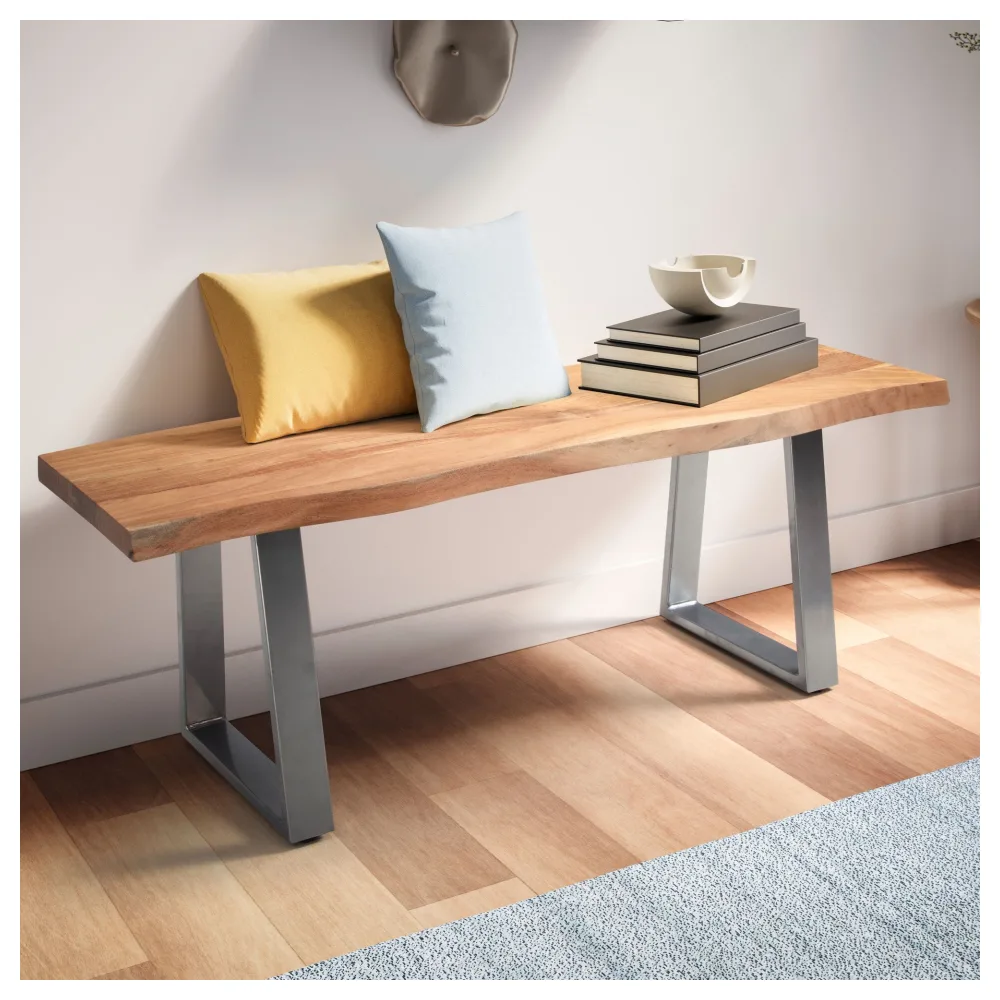 FineBuy Sitzbank 120 cm Massivholz ohne Lehne Baumkante Akazie - Bank für Garderobe - Garderobenbank - Flurbank Holzbank Trapez- Gestell Silber