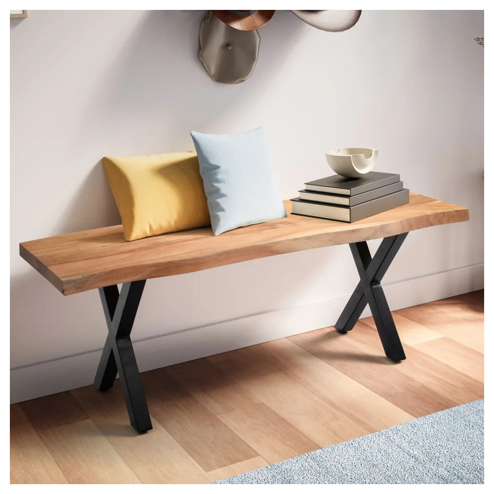 FineBuy Sitzbank 120 cm Massivholz ohne Lehne Baumkante Akazie - Bank für Garderobe - Garderobenbank - Flurbank Holzbank X- Gestell Schwarz