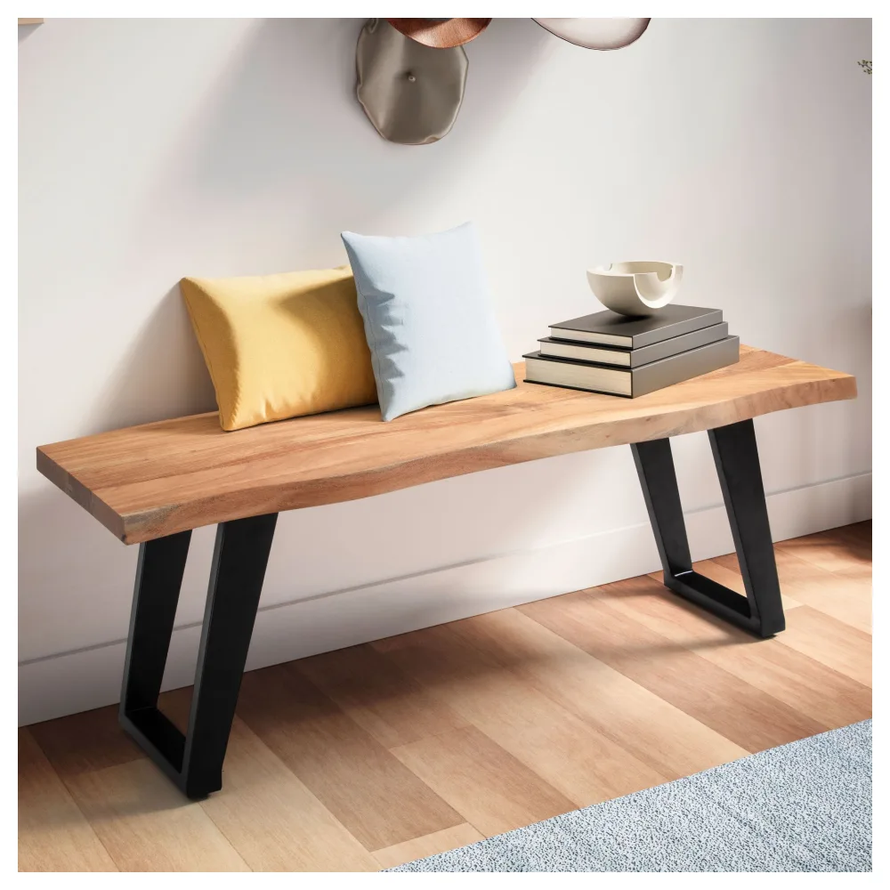 FineBuy Sitzbank 120 cm Massivholz ohne Lehne Baumkante Akazie - Bank für Garderobe - Garderobenbank - Flurbank Holzbank Handmade - Gestell Schwarz