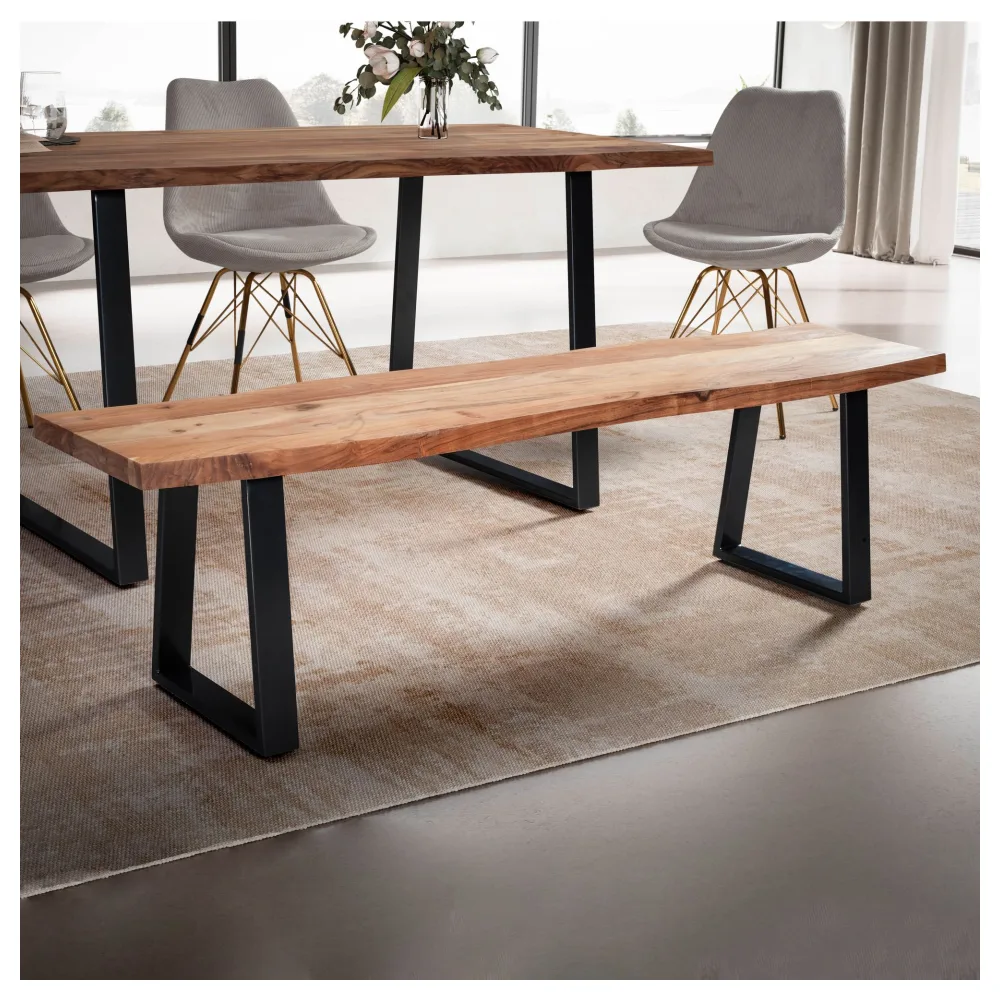 FineBuy Esszimmerbank 180x40x45,5 cm Akazie Massivholz / Metall mit Baumkante, Esstischbank Holzbank Massiv ohne Lehne, Küchenbank Essbank Modern, Sitzbank Esszimmer Groß