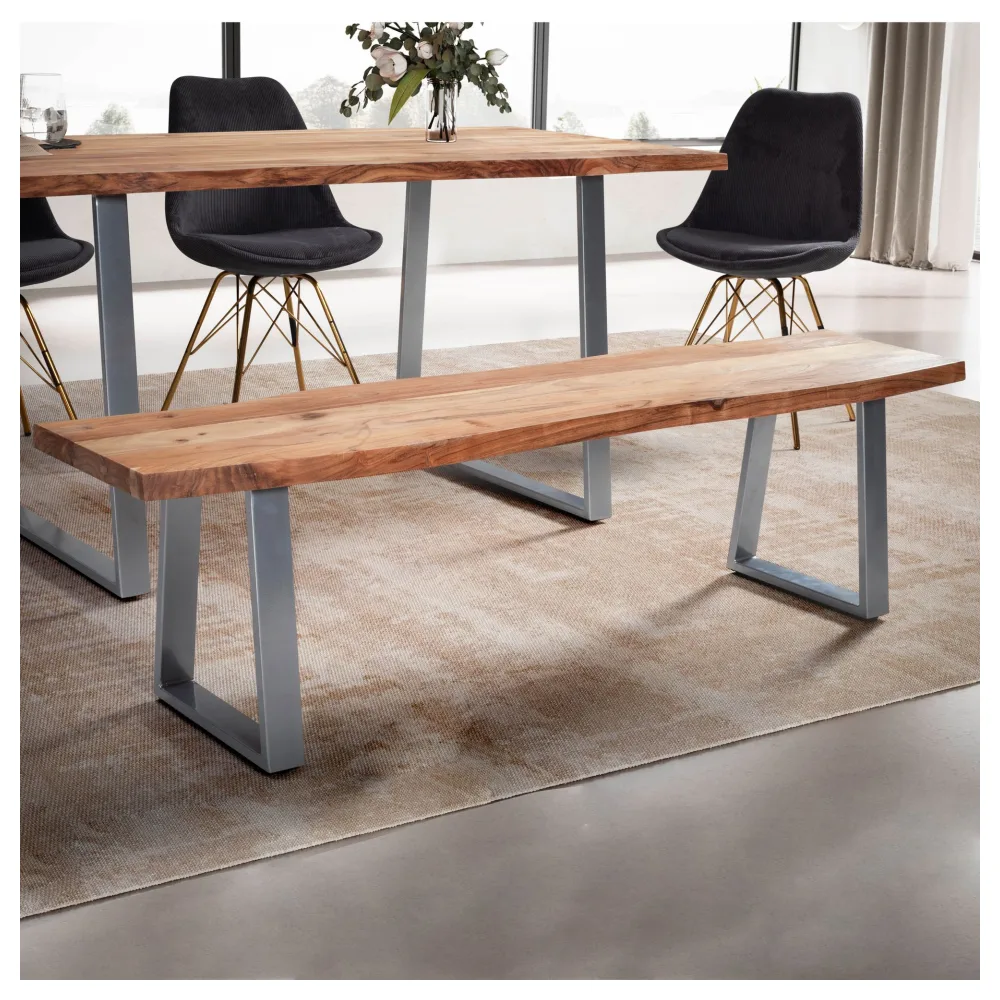 FineBuy Esszimmerbank 180x40x45,5 cm Akazie Massivholz / Metall mit Baumkante, Esstischbank Holzbank Massiv ohne Lehne, Küchenbank Chrom Essbank Modern, Sitzbank Esszimmer Groß