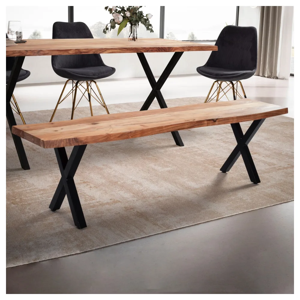 FineBuy Esszimmerbank 180x40x45,5 cm Akazie Massivholz / Metall mit Baumkante, Esstischbank Modern, Holzbank Massiv ohne Lehne, Küchenbank Essbank mit X-Beinen, Sitzbank Esszimmer Groß