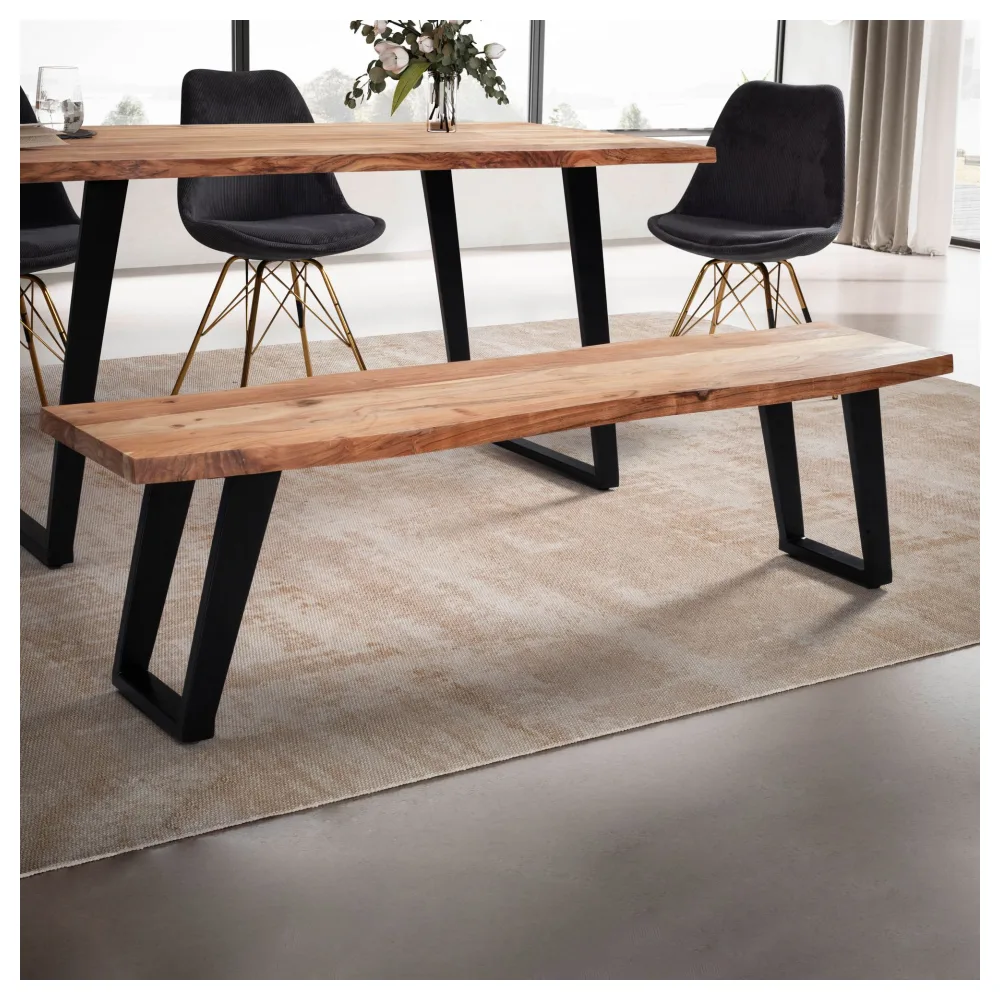 FineBuy Esszimmerbank 180x40x45,5 cm Akazie Massivholz / Metall mit Baumkante, Esstischbank Modern, Holzbank Massiv ohne Lehne, Küchenbank Essbank mit U-Beinen, Sitzbank Esszimmer Groß