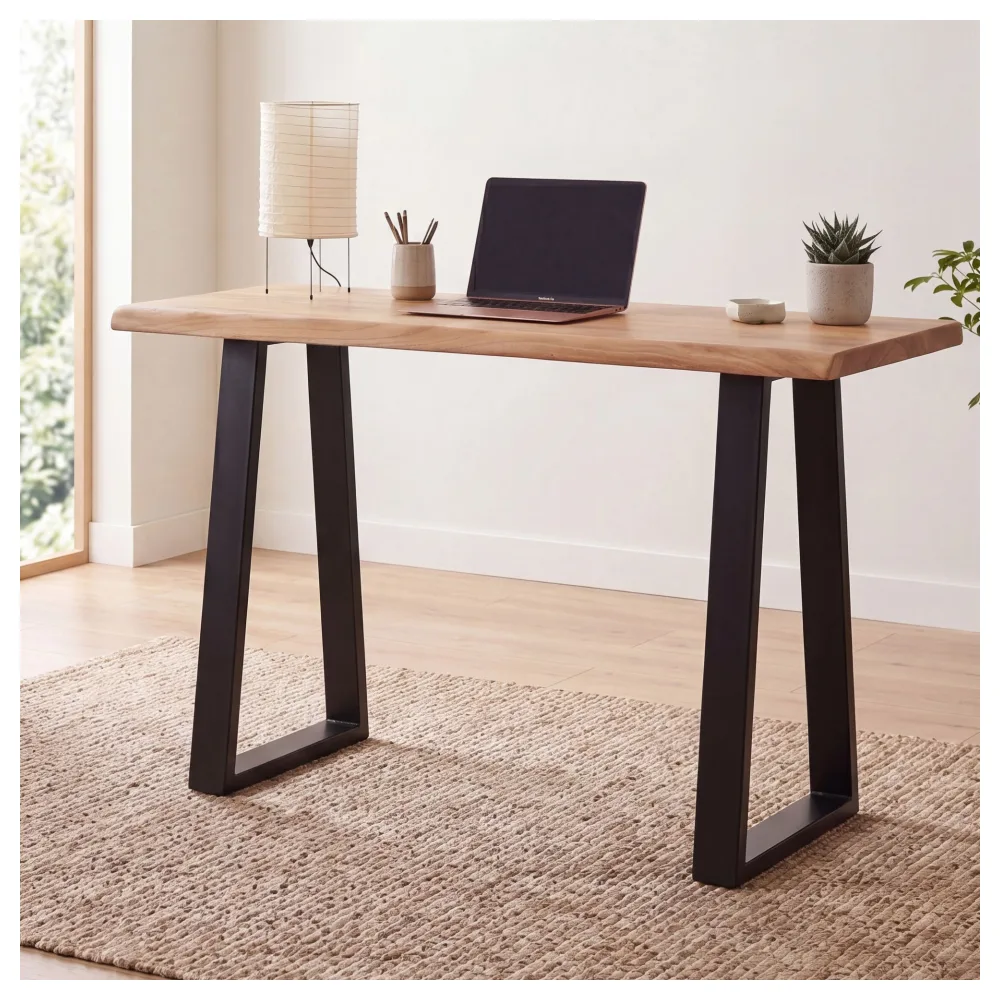 FineBuy Schreibtisch 118x41x76,5 cm Akazie Massivholz / Metall Computertisch Baumkante, Homeoffice Bürotisch Massiv Schmal, Holztisch Laptoptisch Arbeitszimmer