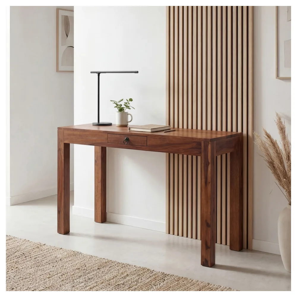 FineBuy Schreibtisch 118x40x76 cm Sheesham Massivholz Computertisch mit Schublade, Homeoffice Bürotisch Massiv Schmal Platzsparend, Holztisch Laptoptisch Arbeitszimmer Stauraum