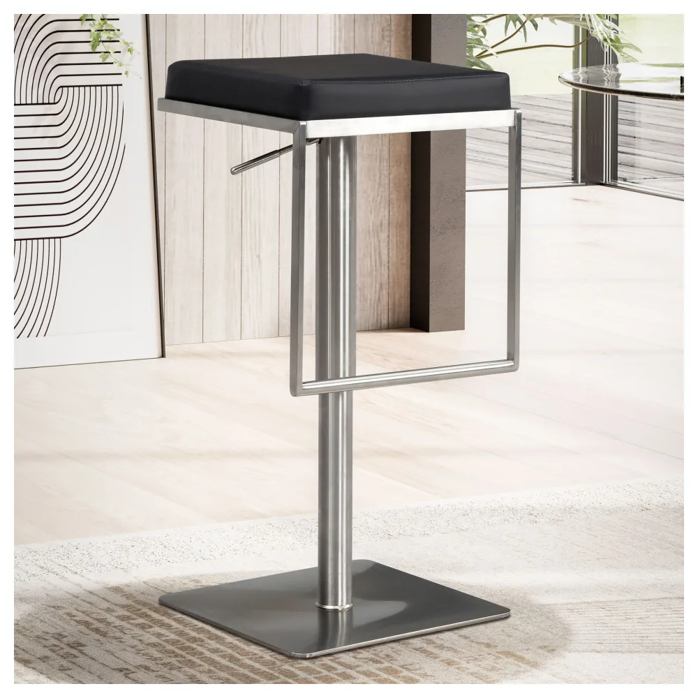 FineBuy Barhocker Schwarz Kunstleder Edelstahl Design Barstuhl Modern, Tresenstuhl Drehbar Gepolstert, Bistrohocker Metall Hoch, Thekenhocker Höhenverstellbar, Hoher Hocker für Bar