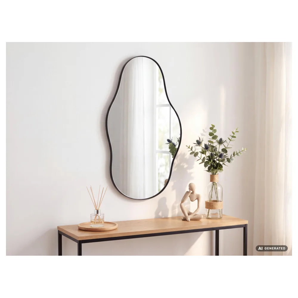 FineBuy Wandspiegel in organischer Form 40x80 cm Metall Design Hängespiegel Schwarz, Eisen Dekospiegel Unförmig mit Rahmen, Spiegel Wand Groß, Flurspiegel Garderobenspiegel Modern