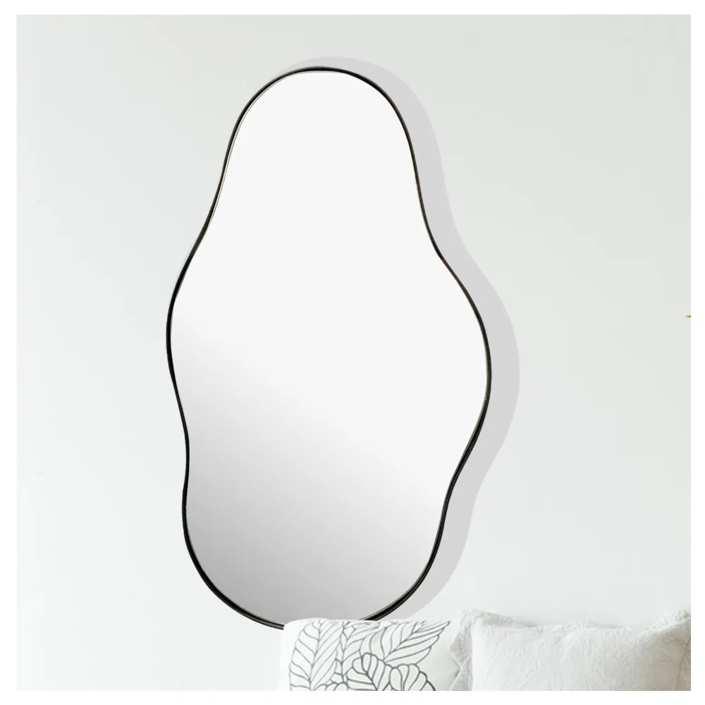 FineBuy Wandspiegel in organischer Form 40x80 cm Metall Design Hängespiegel Schwarz, Eisen Dekospiegel Unförmig mit Rahmen, Spiegel Wand Groß, Flurspiegel Garderobenspiegel Modern