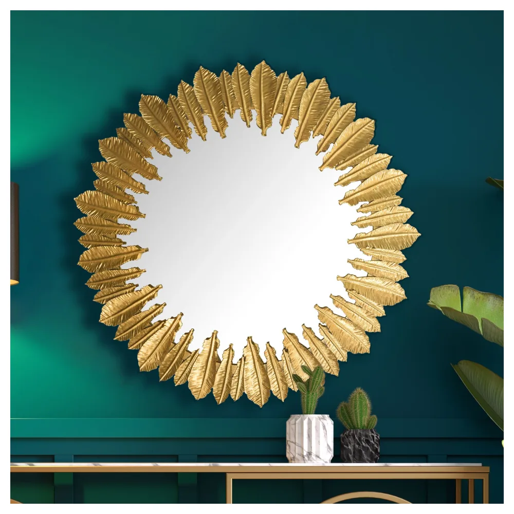FineBuy Wandspiegel Federn 68 cm Metall Design Hängespiegel Gold, Eisen Dekospiegel Rund, Spiegel Wand Groß, Flurspiegel Garderobenspiegel Modern