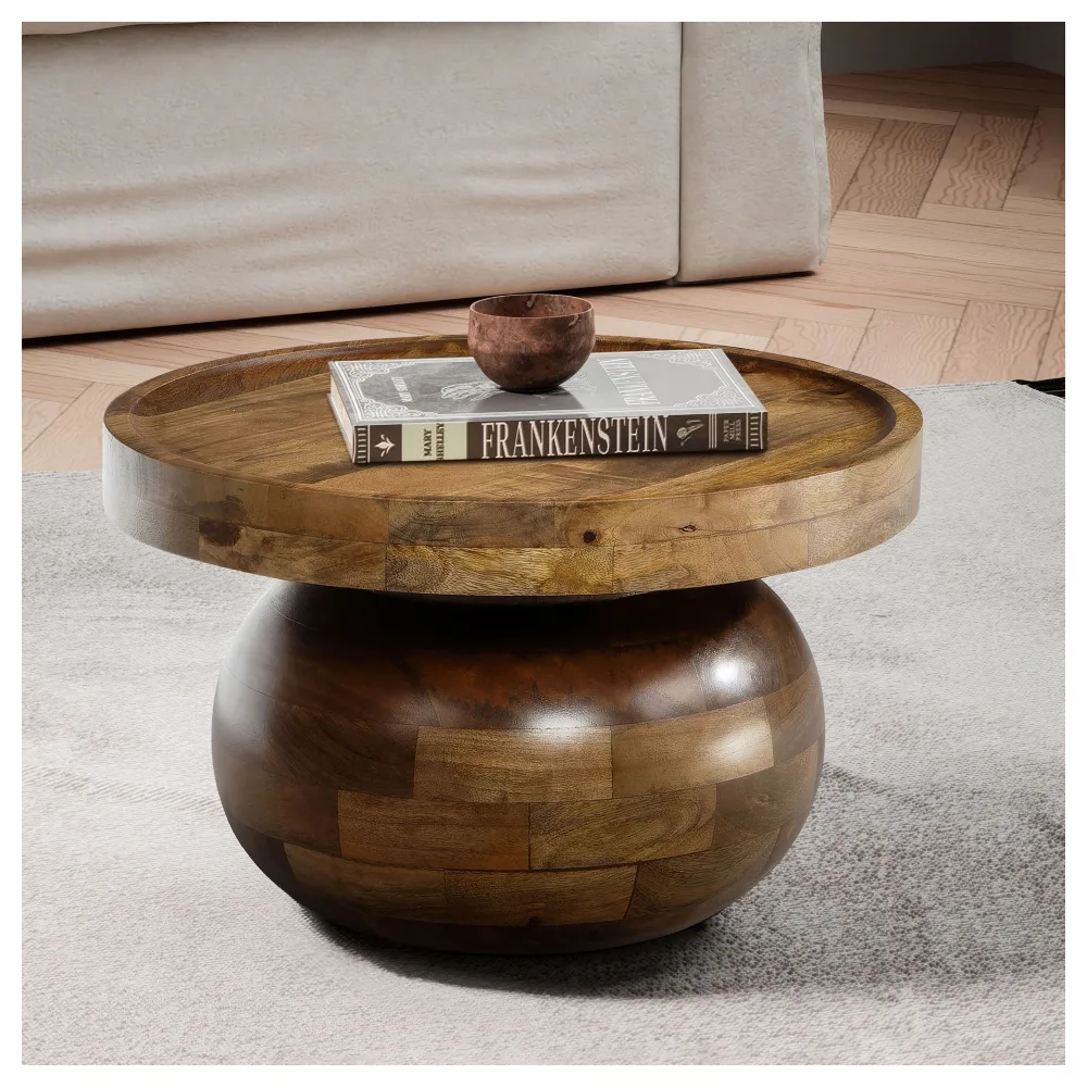 FineBuy Couchtisch 50x50x30,5 cm Mango Massivholz Walnussfarben Sofatisch Rund, Design Wohnzimmertisch Niedrig, Kaffeetisch Wohnzimmer Modern mit natürlicher Holzmaserung
