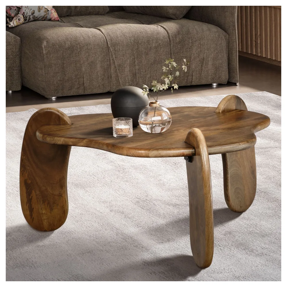 FineBuy Couchtisch Mango Massivholz Ø 78 cm Walnussfarben · Design Wohnzimmertisch in organischer Form · Handgefertigter Sofatisch