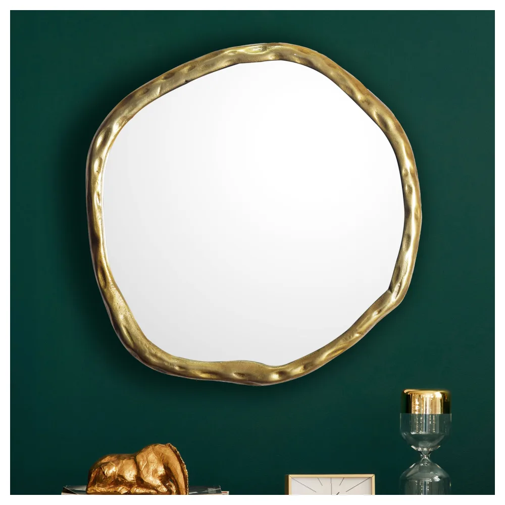 FineBuy Wandspiegel Asymmetrisch 60x60 cm Metall Design Hängespiegel Gold, Aluminium Dekospiegel Unförmig mit Rahmen, Spiegel Wand Groß, Flurspiegel Garderobenspiegel Modern