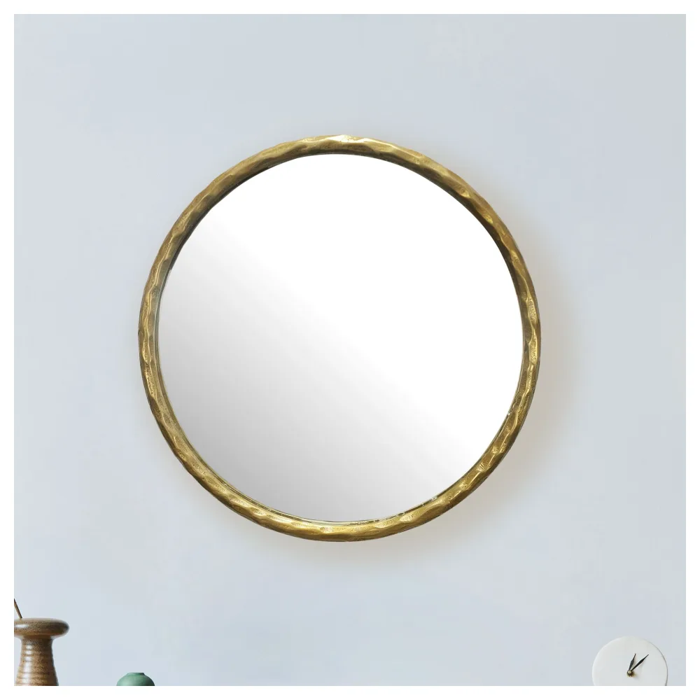 FineBuy Wandspiegel 60 cm Metall Design Hängespiegel Gold, Dekospiegel Rund mit Rahmen, Spiegel Wand Groß, Flurspiegel Garderobenspiegel Modern
