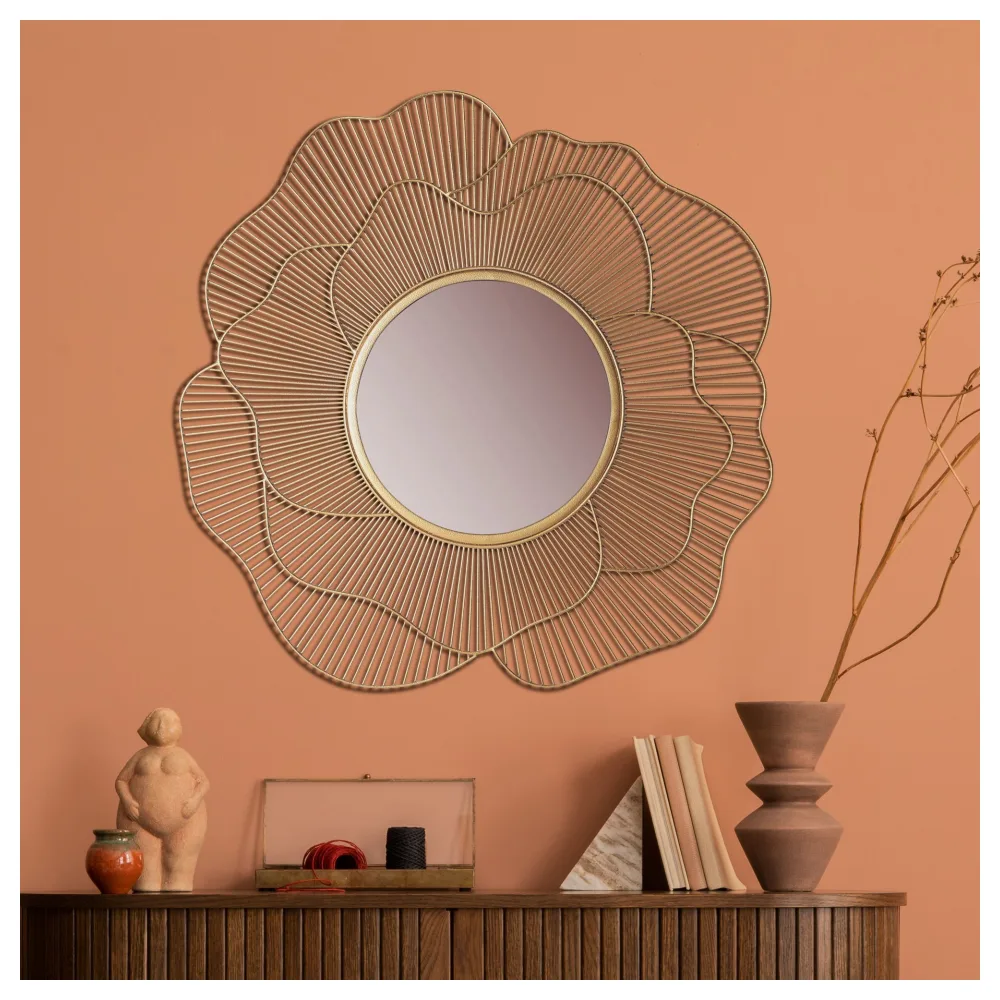 FineBuy Design Wandspiegel rund gold 77 cm groß - Flur Spiegel mit Goldrahmen Blüten - Dekospiegel modern für die Wand - Garderobenspiegel