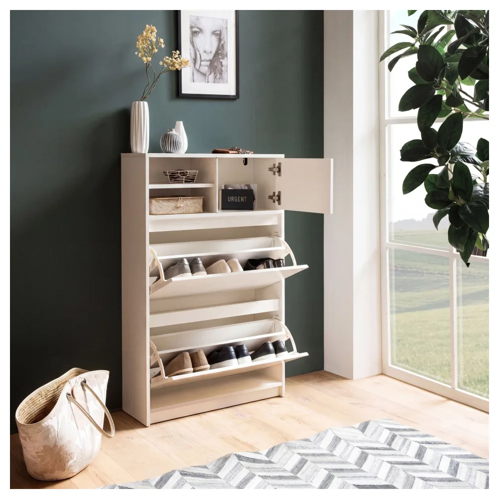 FineBuy Schuhschrank Weiß 71x110x24 cm Schuhkipper Geschlossen, Schuhkommode Modern, Flurschrank mit Ablage, Schuhaufbewahrung Flurkommode für Schuhe Hoch