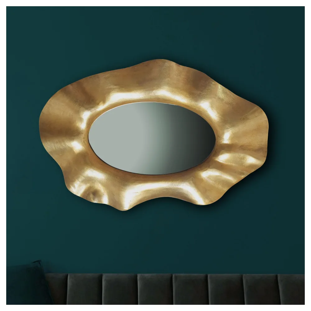 FineBuy Wandspiegel Asymmetrisch 60x90 cm Metall Design Hängespiegel Gold, Aluminium Dekospiegel Unförmig mit Rahmen, Spiegel Wand Groß, Flurspiegel Länglich, Garderobenspiegel Modern