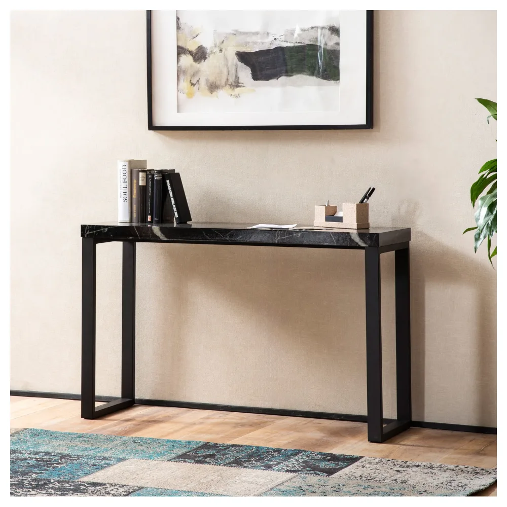FineBuy Konsolentisch Marmor-Optik Schwarz Hochglanz 120x40x76 cm Design Anrichte Flur, Ablagetisch Schmal, Flurtisch mit Metallbeine, Dielentisch Lang Hoch, Kleiner Schreibtisch