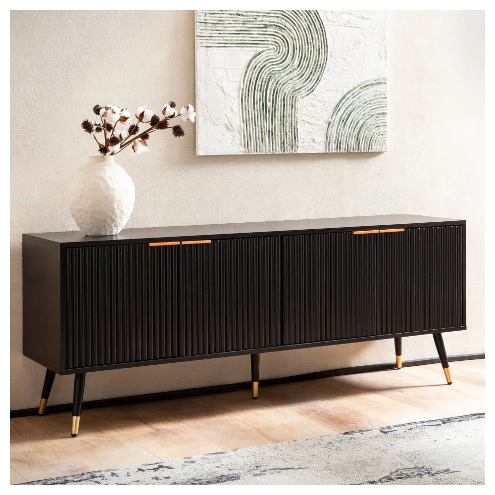 FineBuy Lowboard Schwarz mit Eiche-Dekor 150x60x39 cm TV-Kommode Modern, Design TV-Schrank Hoch, Fernsehtisch Fernsehschrank mit Türen, Fernsehkommode Wohnzimmer
